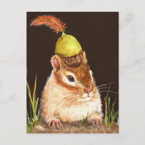 chipmunk with acorn and cardinal feather postcard