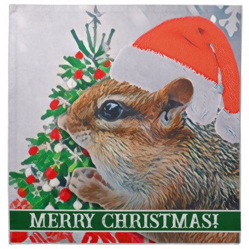 Chipmunk with Christmas Hat in Front of Tree Cloth Napkin