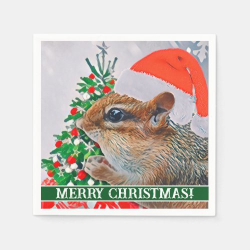 Chipmunk with Christmas Hat in Front of Tree Napkins