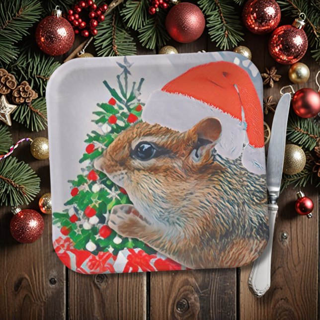 Chipmunk with Christmas Hat in Front of Tree Paper Plates (This cute chipmunk looks like he's requesting a bite of the treats on your Christmas plate! :) )