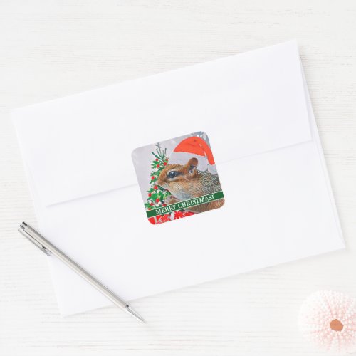 Chipmunk with Christmas Hat in Front of Tree Square Sticker