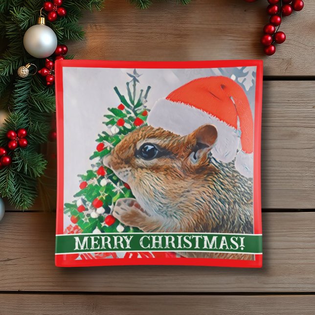 Chipmunk with Christmas Hat in Front of Tree Trinket Tray (A cute decorative Christmas tray features a chipmunk wearing a Santa hat and custom text.)