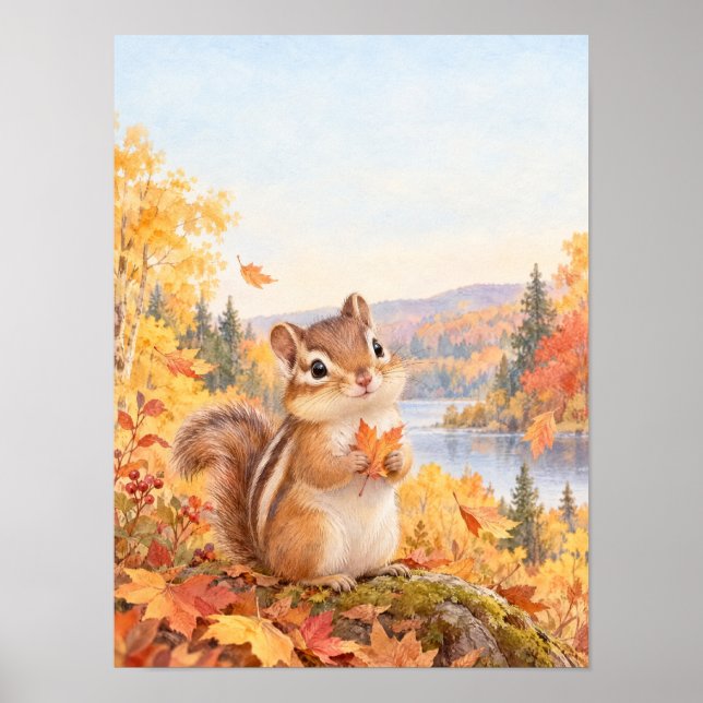 Chipmunk with Maple Leaf in Autumn – Poster (Front)