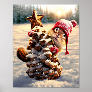 Chipmunk With Pine Cone Tree Poster