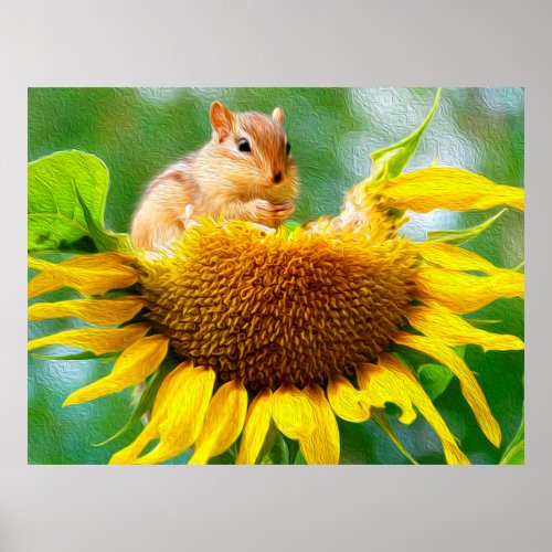 Chipmunk Yellow Sunflower Photo Painting Poster
