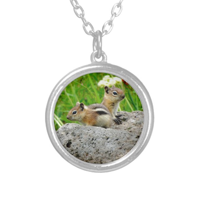 Chipmunks and wildflowers silver plated necklace (Front)