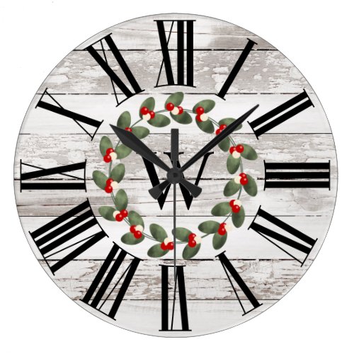 Chippy Wood Rustic Holly Berry Wreath Monogram  Large Clock