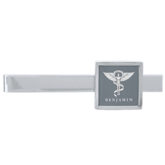 Chiropractic Professional Symbol Custom Name Silver Finish Tie Bar (Front)