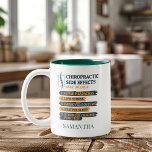 Chiropractic Side Effects Personalized Name Two-Tone Coffee Mug<br><div class="desc">Chiropractor gag coffee mug for your favorite brew. The design on the mug says "Chiropractic Side Effects May Include... .Fewer Headaches, Less Stress.." Great for when you've adjusted a few bones and want to relax, put your feet up and sip your favorite beverage, tea, coffee or hot chocolate. Add a...</div>