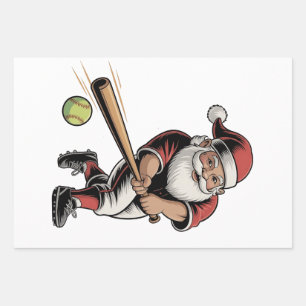 Chirstmas Softball Playing Santa Claus Sport Wrapping Paper Sheets