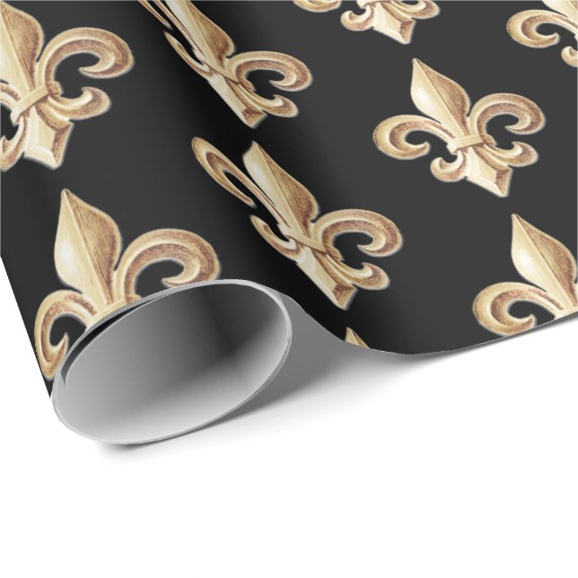 Chiseled Gold Gradient Heraldic Fleur de lis Black Wrapping Paper (Roll Corner)