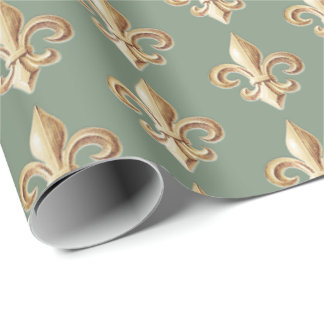 Chiseled Gold Gradient Heraldic Fleur de lis Sage Wrapping Paper