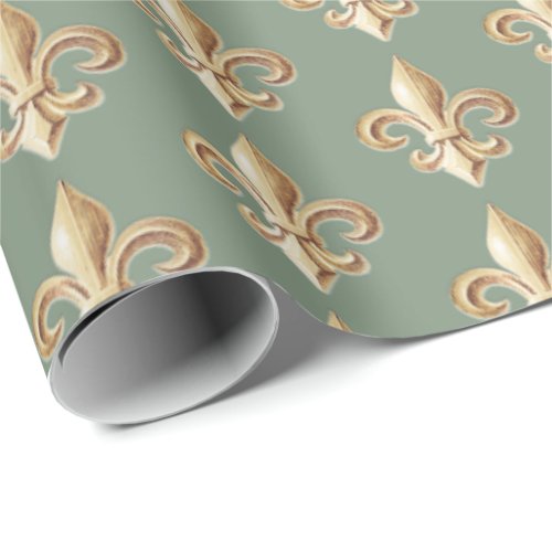 Chiseled Gold Gradient Heraldic Fleur de lis Sage  Wrapping Paper