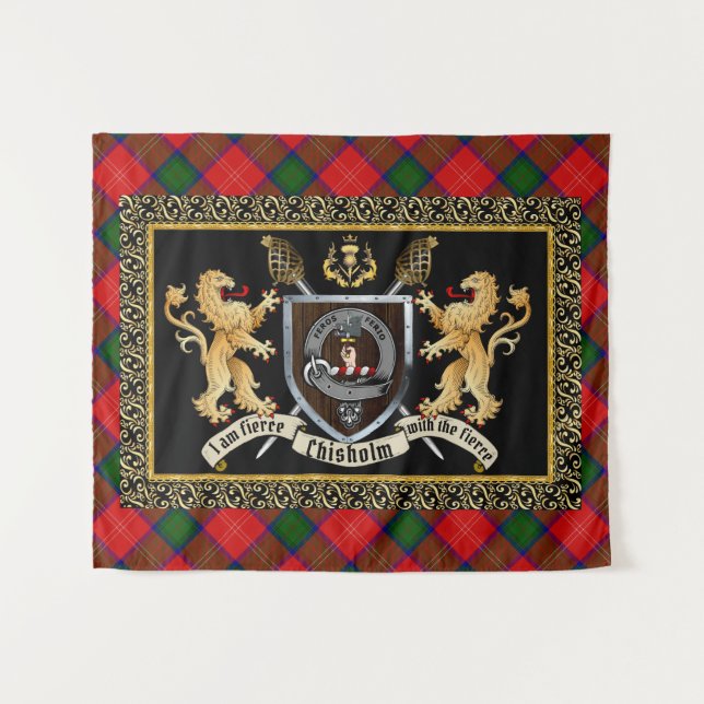 Chisholm Clan Badge & Motto w/Lions  Tapestry (Front (Horizontal))