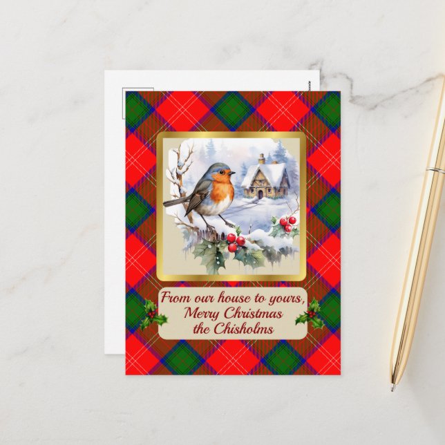 Chisholm Tartan w/Robin Personalized   Holiday Postcard (Front/Back In Situ)