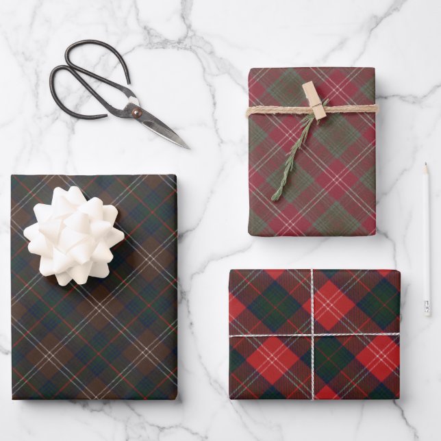 Chisholm Three Patterns Original Scottish Tartan Wrapping Paper Sheets (Front)