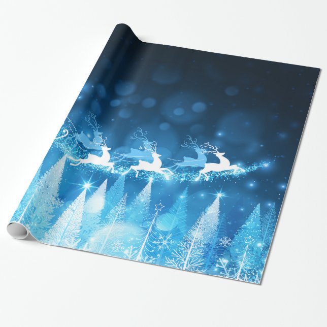 Chistmas Holiday - Blue Santa and Sleigh Wrapping Paper (Unrolled)