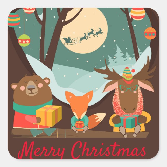 Chistmas Party Forest animals Cute Square Sticker (Front)