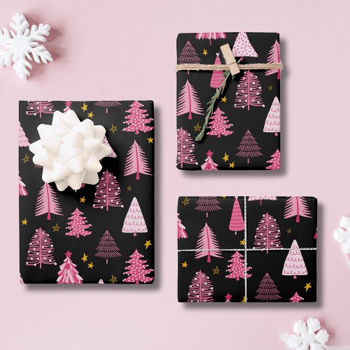 Chistmas Tree Woodland Pink Black Wrapping Paper Sheets