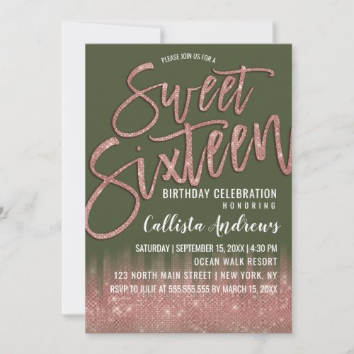 Chive Green Rose Gold Glitter Typography Sweet 16 Invitation