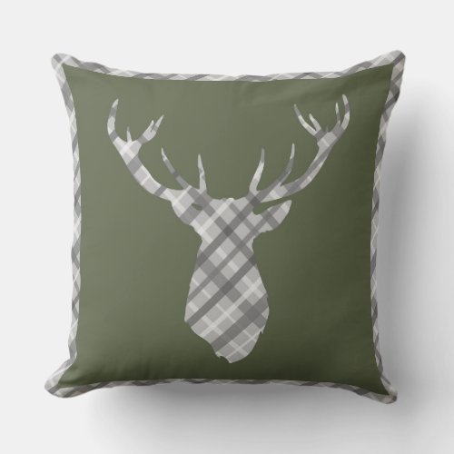 Chive Olive Green Grey Plaid Tartan Stags Head Outdoor Pillow