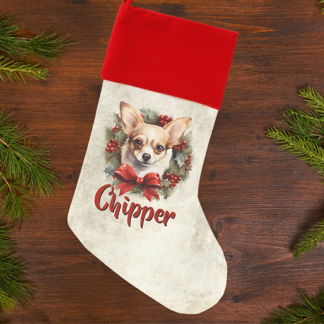 Chiwawa dog christmas wreath, with custom name stocking (Creator Uploaded)