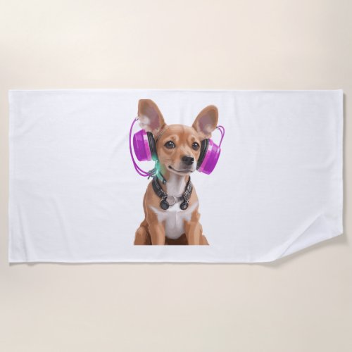 chiweenie dog listening to music   beach towel