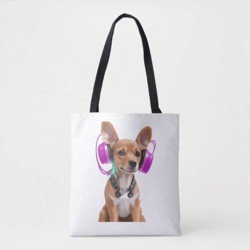 chiweenie dog listening to music   tote bag