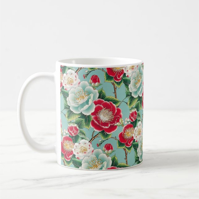Chiyogami Red and White Camellia Blooms  Coffee Mug (Left)
