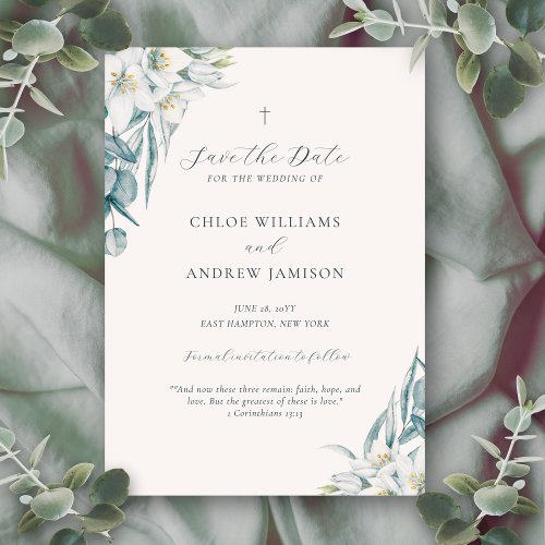 Chloe Simple Elegant Greenery Christian Wedding Save The Date