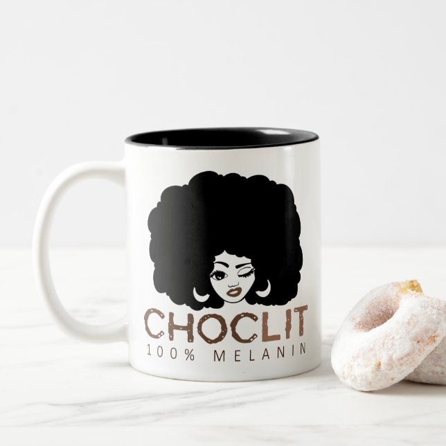 Choclit Black Woman Afro Two-Tone Coffee Mug (With Donut)