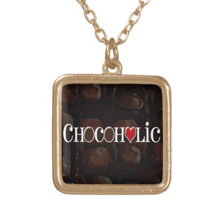 Chocoholic, Dark Brown And Red Heart Funny Design Gold Plated Necklace