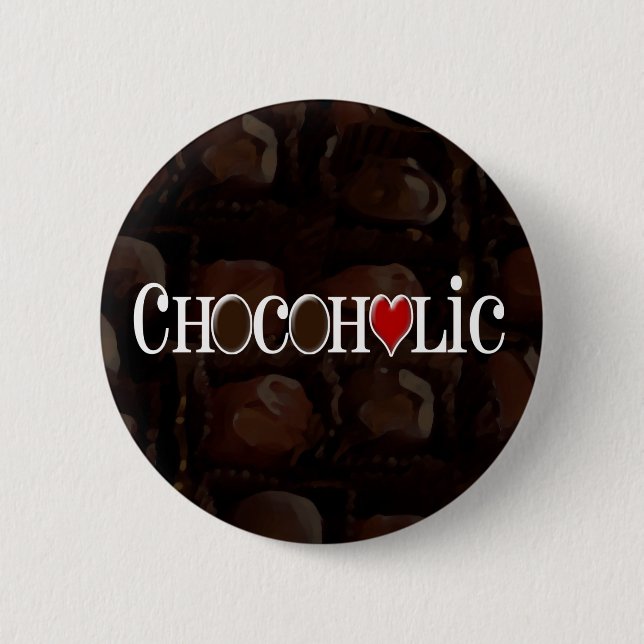 Chocoholic, Dark Brown and Red Heart Funny Design Pinback Button (Front)