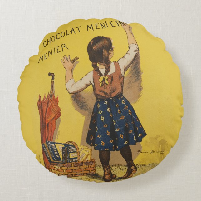 Chocolat Menier Little Girl Wall Writing  Round Pillow (Front)