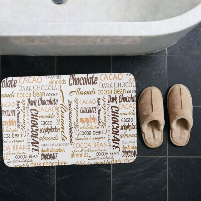 Chocolate, Almonds and Dark Chocolate Text Design Bath Mat (Multilingual chocolate typography word cloud bath mat)