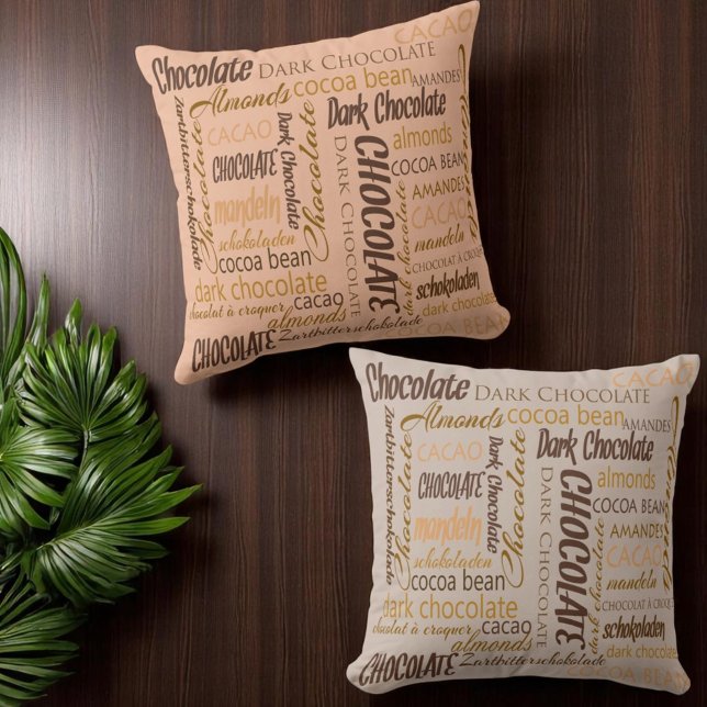 Chocolate, Almonds and Dark Chocolate Text Design Throw Pillow (Pillow front and back word cloud different color backgrounds)