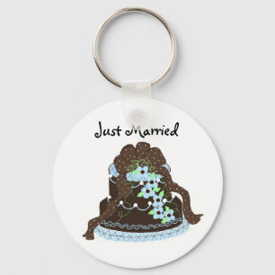 Chocolate and  Blue Wedding Cake - Just Married Keychain