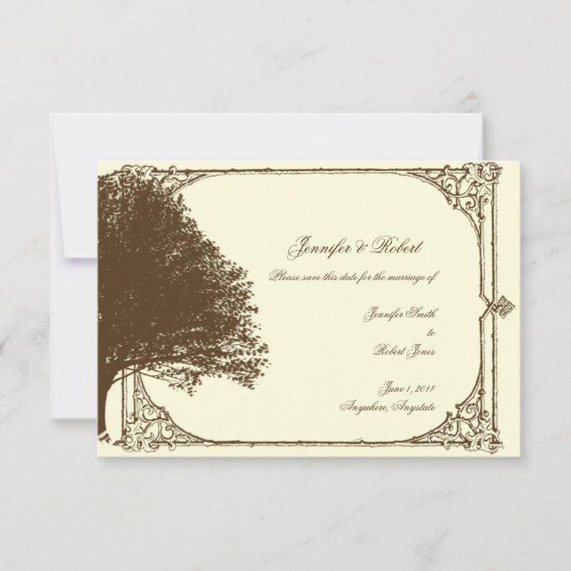 Chocolate and Ecru Filigree Wedding Save the Date (Front)