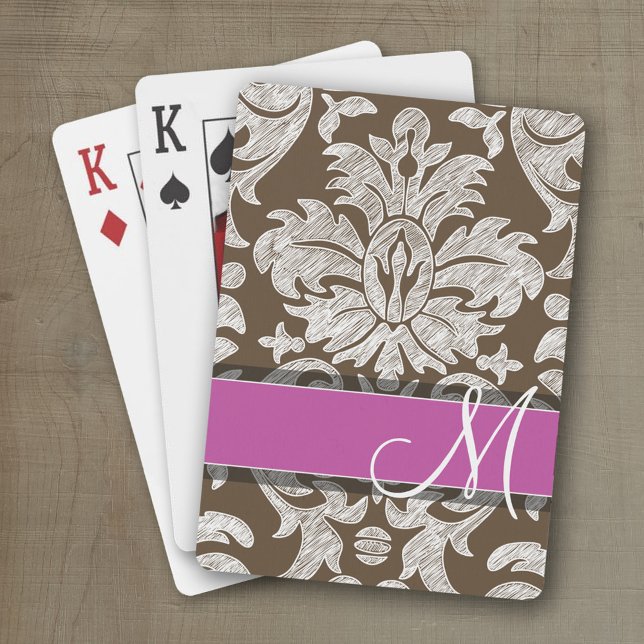 Chocolate and Magenta Damask Pattern Monogram Poker Cards (Personalized playing cards with a fun area to add text such as a name or monogram)