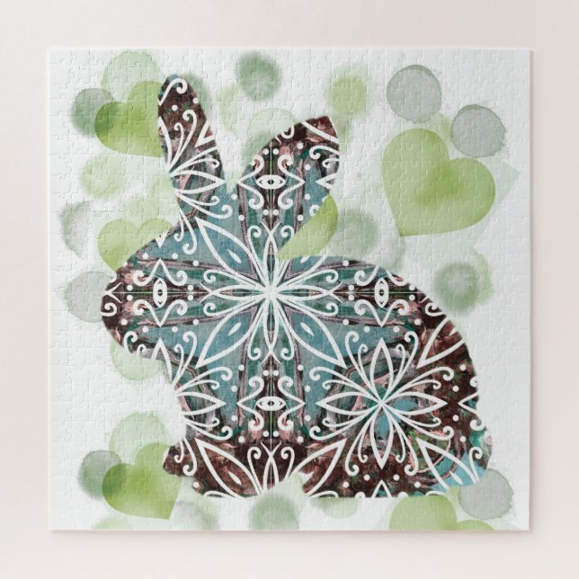 Chocolate and Soft Blue Mandala Bunny with Hearts Jigsaw Puzzle (Vertical)