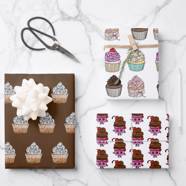 Chocolate and Strawberry Cupcakes Happy Birthday Wrapping Paper Sheets (Front)