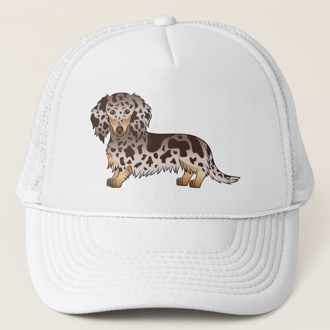 Chocolate And Tan Dapple Long Hair Dachshund Dog Trucker Hat (Front)