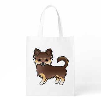 Chocolate And Tan Long Coat Chihuahua Cartoon Dog Grocery Bag