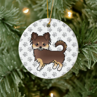 Chocolate And Tan Long Coat Chihuahua Dog &amp; Paws Ceramic Ornament
