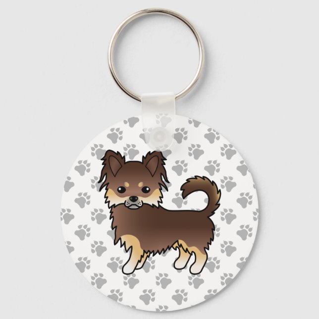 Chocolate And Tan Long Coat Chihuahua Dog & Paws Keychain (Front)
