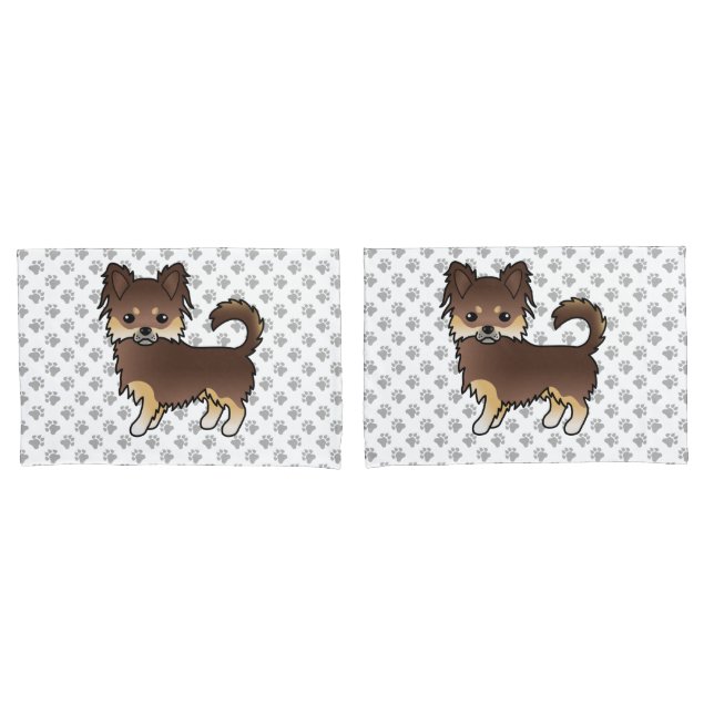 Chocolate And Tan Long Coat Chihuahua Dog & Paws Pillow Case (Front-Set)