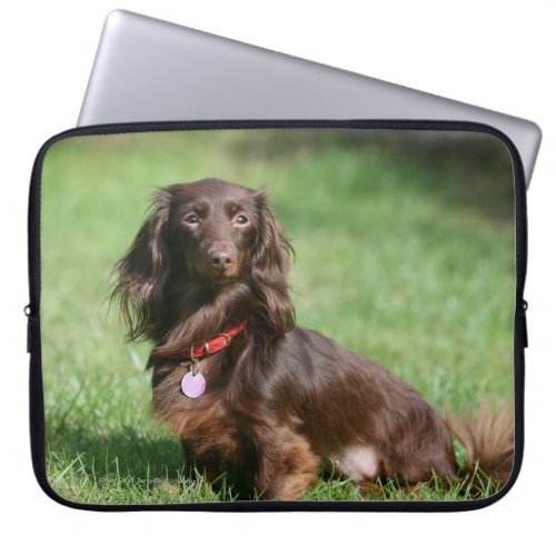 Chocolate and Tan Long_haired Miniature Dachshund Laptop Sleeve