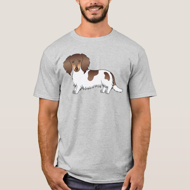 Chocolate And Tan Piebald Long Hair Dachshund Dog T-Shirt (Front)