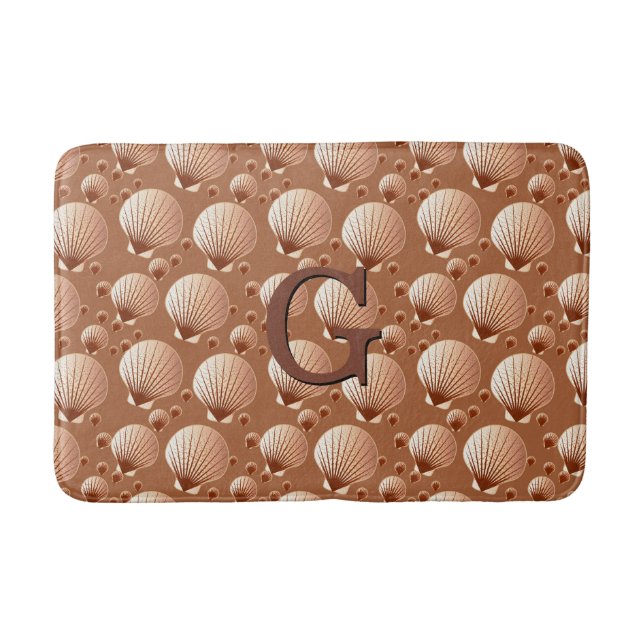 Chocolate and tan seashells on cocoa brown bathroom mat (Front)