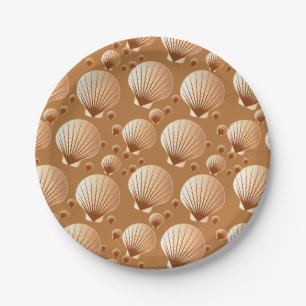 Chocolate and tan seashells on cocoa brown paper plates
